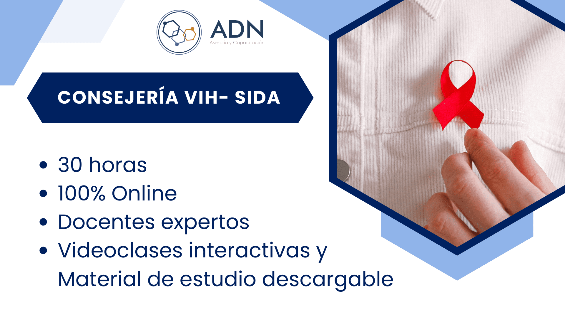 Curso: Consejería en VIH-SIDA. E-learning. 30 horas. Capacitación online, Cursos virtuales, Formación a distancia, Aprendizaje digital, Plataforma e-learning, Educación en línea, Cursos interactivos, Desarrollo profesional online, Certificación digital, Aula virtual